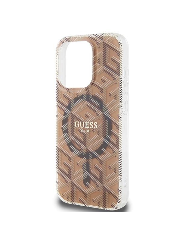 GUESS futerał do IPHONE 15 Pro kompatybilny z MagSafe GUHMP15LHGCUSTGW (IML GCUBE) brązowy