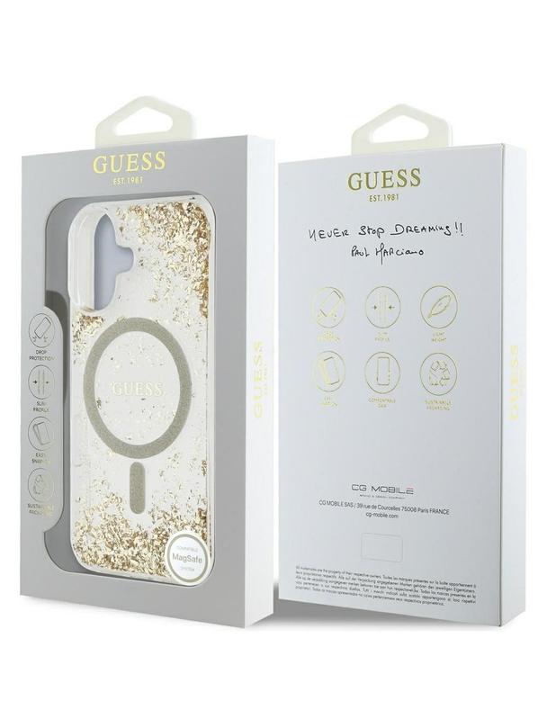 GUESS futerał do IPHONE 16 kompatybilny z MagSafe GUHMP16SRGRGED (Resin Bottom Glitter) złoty