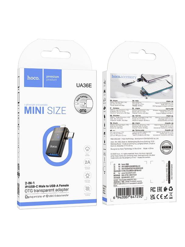 Adapter OTG 2w1 Lightning / USB C do USB A Hoco UA36E czarny