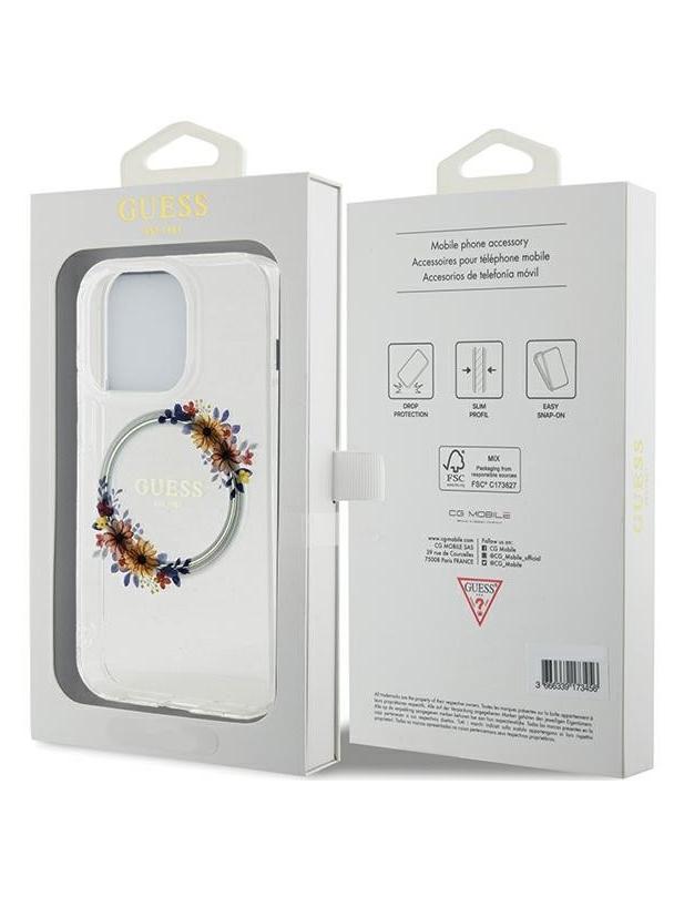 GUESS futerał do IPHONE 15 Pro Max kompatybilny z MagSafe GUHMP15XHFWFCT (Flowers Wreath) transparentny