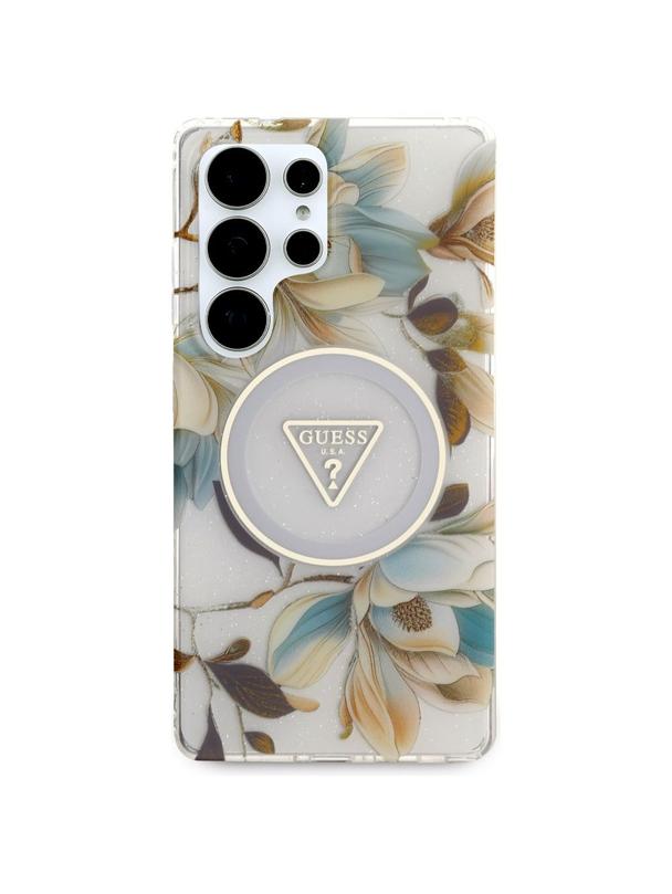GUESS futerał do SAMSUNG S25 Ultra GUHMS25LHFLPEDH (Magnetic IML Metal Glitter Flowers Triangle) biały