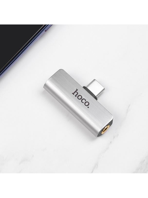 Adapter AUX 2w1 USB C do Jack 3,5 mm / USB C Hoco LS26 srebrny