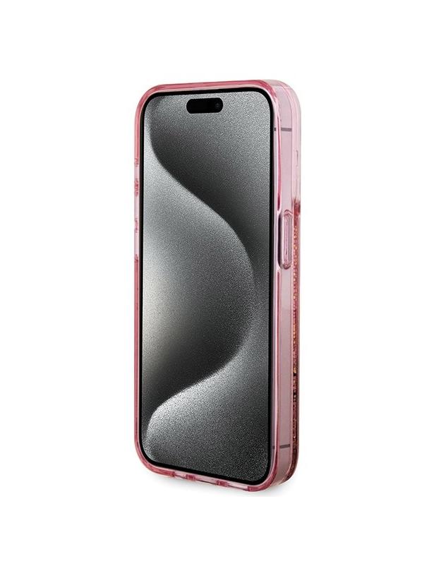 GUESS futerał do IPHONE 15 Pro GUHCP15LLFCSEGP (Liquid Glitter Gold Stripes) różowy