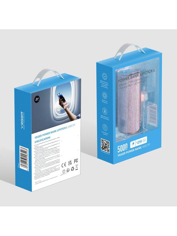 Powerbank Veger PlugOn (W0573) 5000 mAh z wbudowanym złączem USB C rózowy