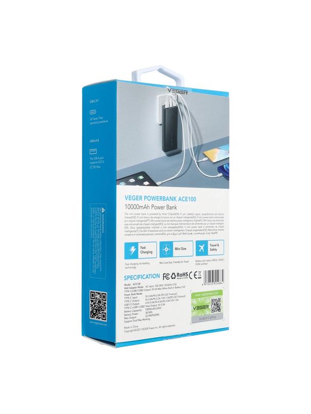 Powerbank Veger ACE100 (W1146) PD QC3.0 20W 10000 mAh czarny