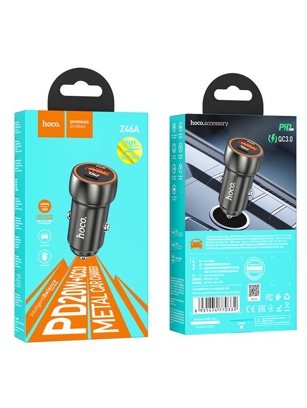 Ładowarka samochodowa Hoco USB A + USB C QC3.0 PD 20W Z46A szary