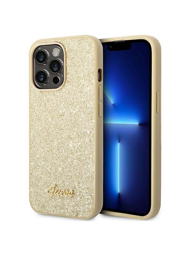 GUESS futerał do IPHONE 14 Pro Max GUHCP14XHGGSHD (Glitter Flakes Script Metal Logo) złoty