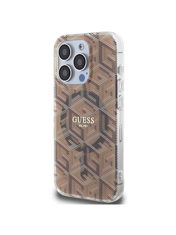 GUESS futerał do IPHONE 15 Pro kompatybilny z MagSafe GUHMP15LHGCUSTGW (IML GCUBE) brązowy