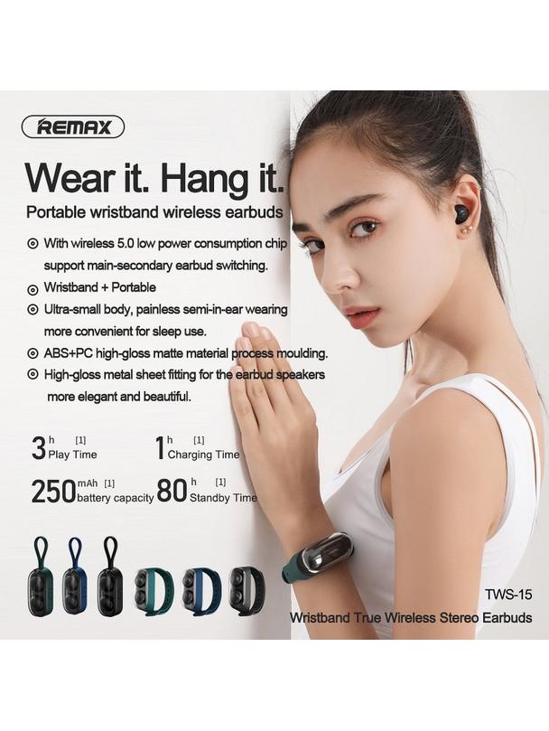 REMAX słuchawki bezprzewodowe bluetooth TWS-15 w stacja dokująca w smartbandzie zielony