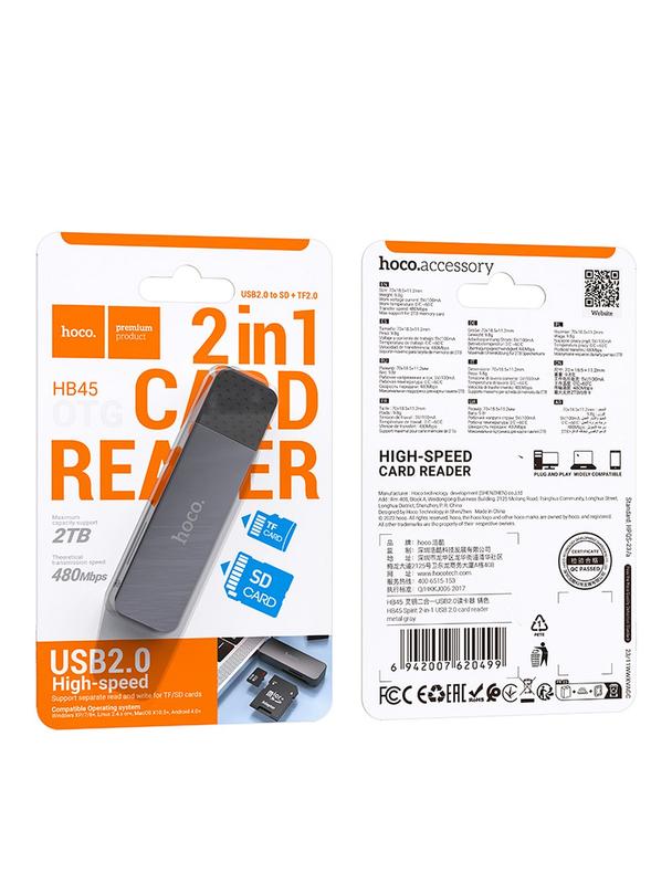 Czytnik kart SD / TF Hoco USB A 2.0 HB45 szary