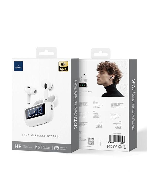 WiWU - Słuchawki bezprzewodowe TWS T22 z funkcją ANC i dotykowym LCD - białe
