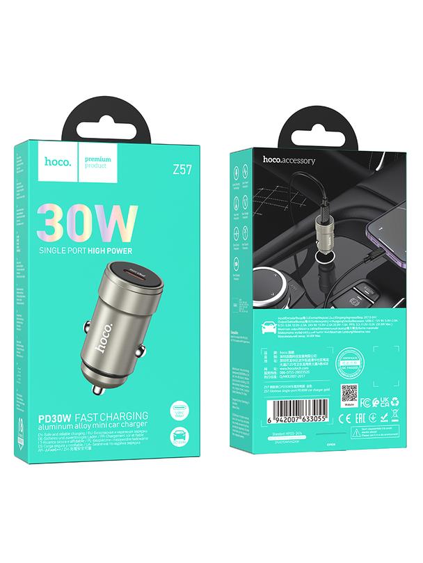 Ładowarka samochodowa Hoco USB C QC PD 30W Z57 szara