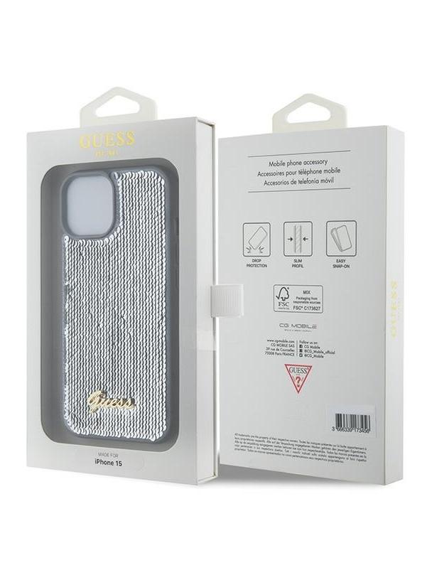 GUESS futerał do IPHONE 13 / 14 / 15 GUHCP15SPSFDGSS (Sequin Script Metal) srebrny