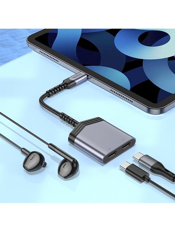Adapter AUX 2w1 USB C do 2 x USB C Hoco 27W LS40 szary