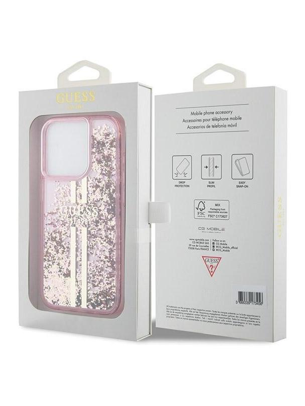 GUESS futerał do IPHONE 15 Pro GUHCP15LLFCSEGP (Liquid Glitter Gold Stripes) różowy