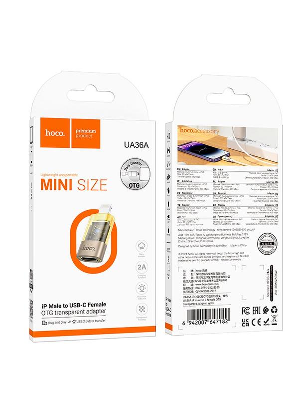 Adapter OTG Lightning do USB C Hoco UA36A transparentny złoty