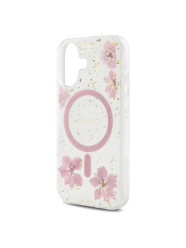 GUESS futerał do IPHONE 16 kompatybilny z MagSafe GUHMP16SRBFGFGMP (Resin Flowers and Glitter) pink