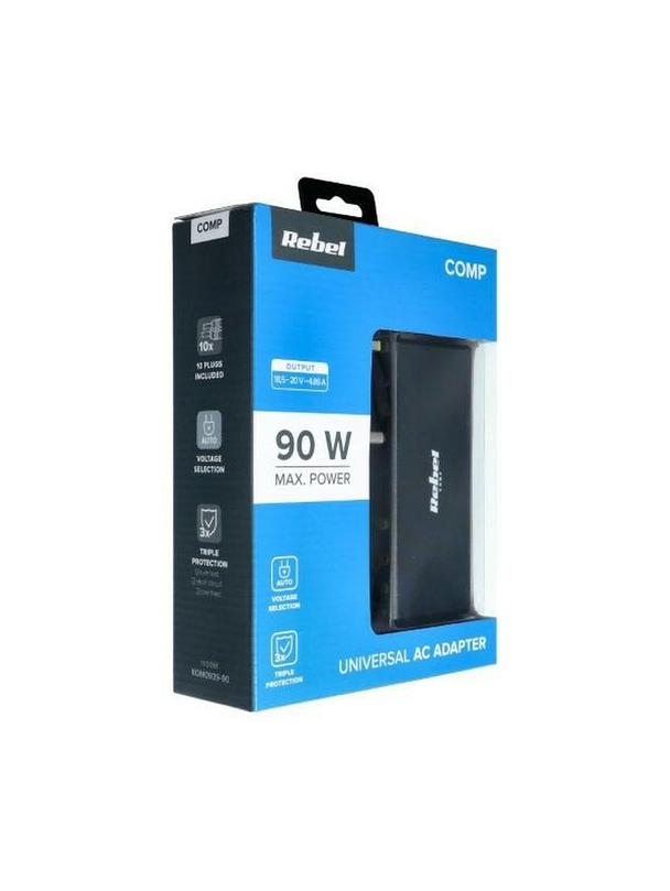 REBEL uniwersalny zasilacz sieciowy 90W 18-20V automatyczny 11 końcówek czarny