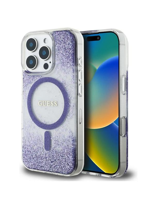 GUESS futerał do IPHONE 16 Pro kompatybilny z MagSafe GUHMP16LRGRGEU (Resin Bottom Glitter) fioletowy