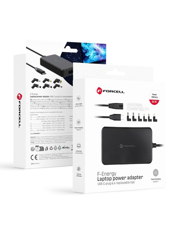Uniwersalny zasilacz do laptopa 65W Forcell F-Energy E856 (6 końcówek) czarny