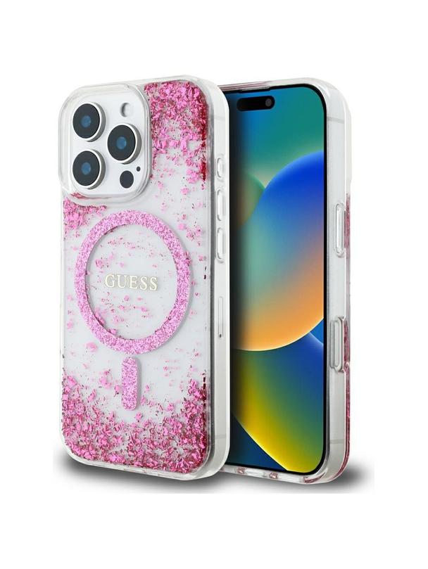 GUESS futerał do IPHONE 16 Pro kompatybilny z MagSafe GUHMP16LRGRGEP (Resin Bottom Glitter) różowy