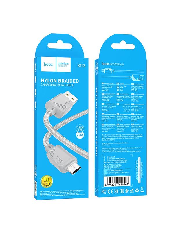 Kabel USB A do Micro USB Hoco 2,4A 1 m X113 szary