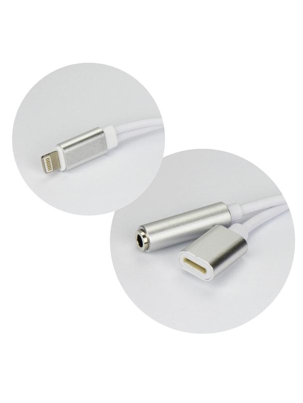 Adapter AUX 2w1 Lightning (męski) do Lightning (żeński) / Jack 3,5 mm (żeński) srebrny