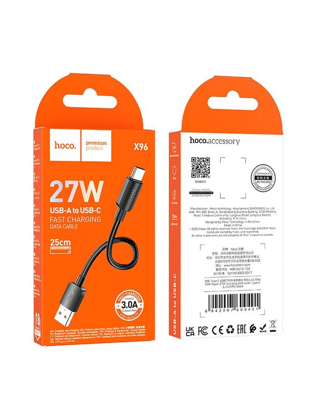 Kabel USB A do USB C Hoco PD 2,4A 27W 0,25 m X96 czarny