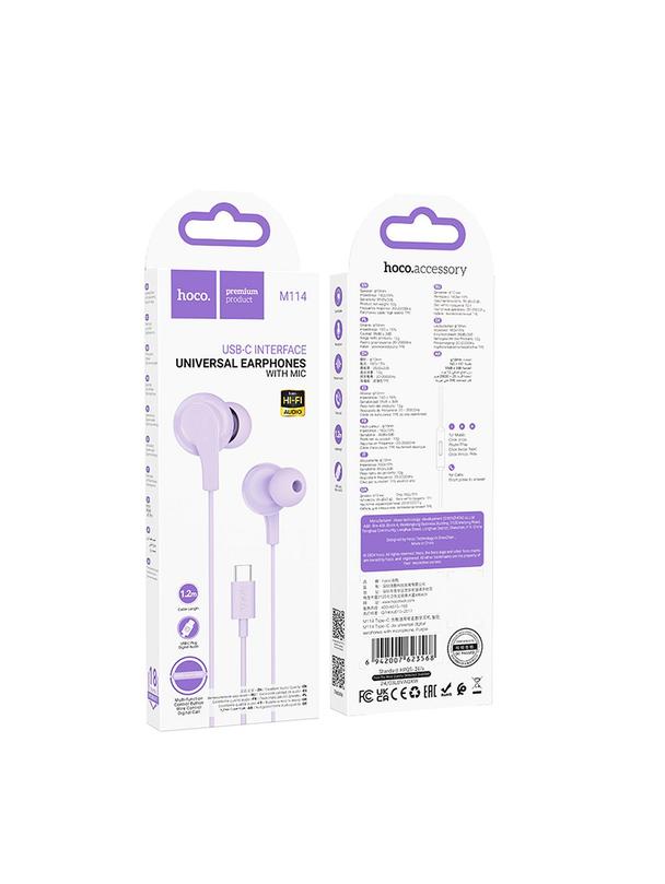 Słuchawki przewodowe douszne USB C Hoco M114 fioletowe