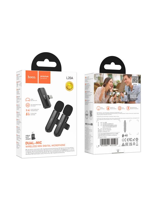 Mikrofon bezprzewodowy podwójny Lightning / USB C Hoco L20A czarny