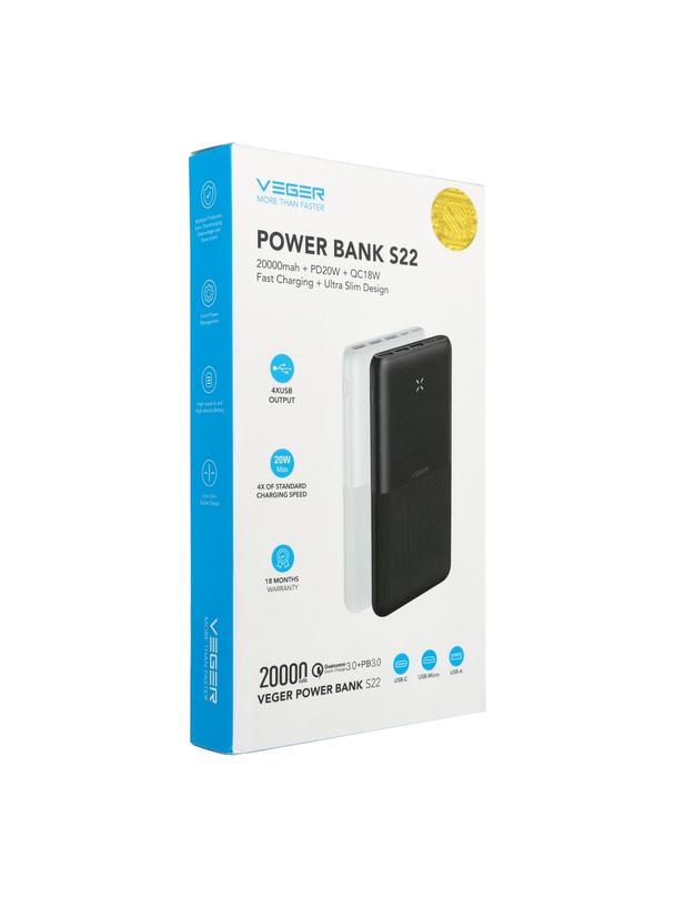 Powerbank Veger (W2060) PD QC3.0 3A 20W 20000 mAh czarny