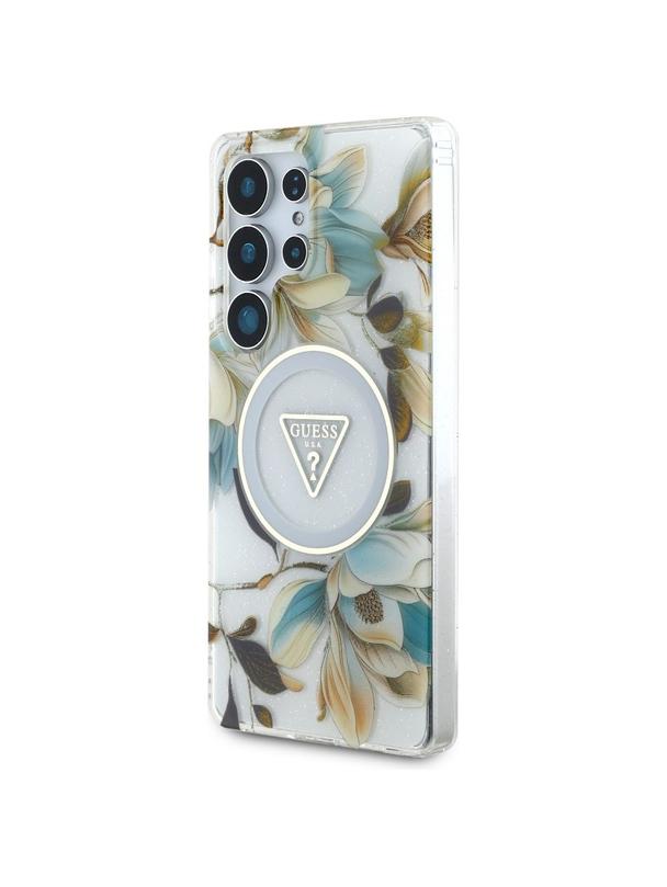 GUESS futerał do SAMSUNG S25 Ultra GUHMS25LHFLPEDH (Magnetic IML Metal Glitter Flowers Triangle) biały