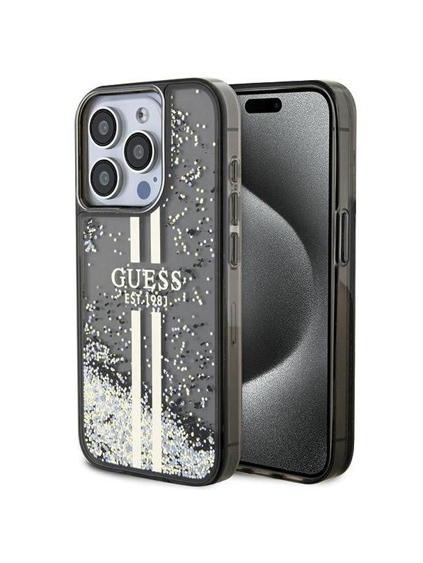 GUESS futerał do IPHONE 15 Pro Max GUHCP15XLFCSEGK (Liquid Glitter Gold Stripes) czarny