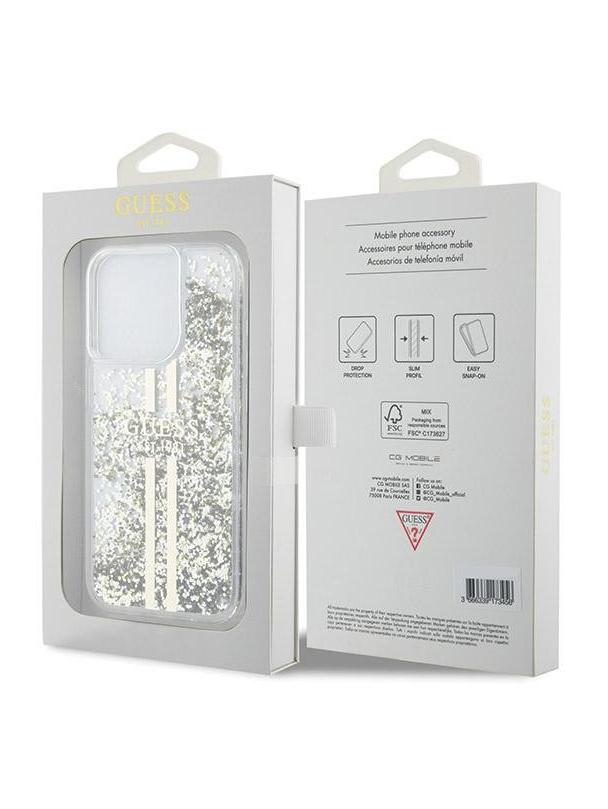 GUESS futerał do IPHONE 15 Pro GUHCP15LLFCSEGT (Liquid Glitter Gold Stripes) transparentny