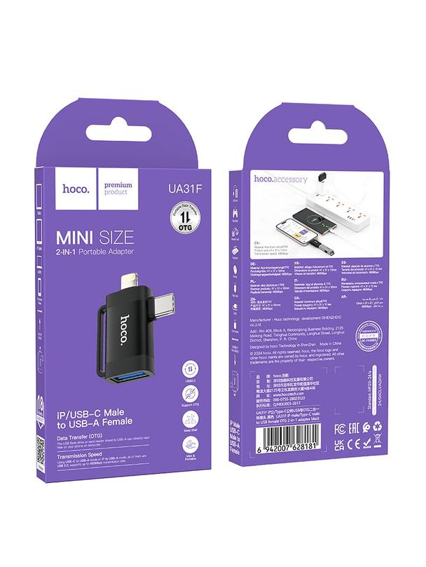 Adapter OTG 2w1 USB C / Lightning do USB A Hoco UA31F czarny