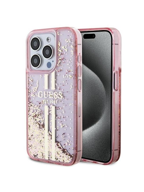 GUESS futerał do IPHONE 15 Pro GUHCP15LLFCSEGP (Liquid Glitter Gold Stripes) różowy
