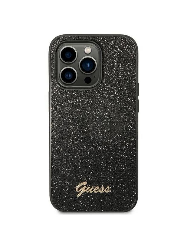 GUESS futerał do IPHONE 14 Pro GUHCP14LHGGSHK (Glitter Flakes Script Metal Logo) czarny