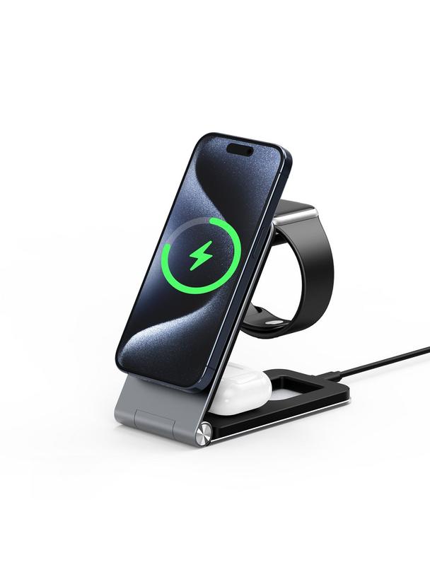 DUZZONA W22 - aluminiowa ładowarka indukcyjna, składana 3w1, kompatybilna z MagSafe 15W czarna