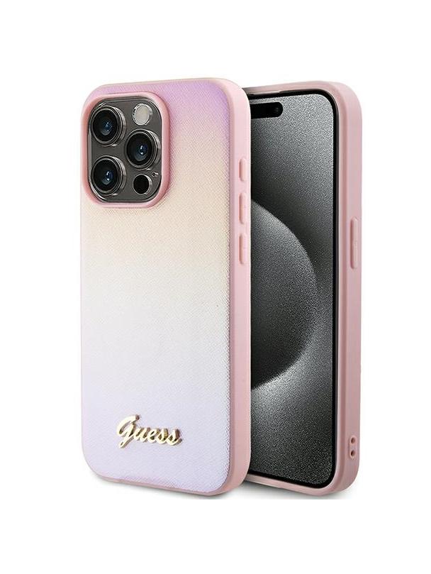 GUESS futerał do IPHONE 15 Pro GUHCP15LPSAIRSP (Saffiano Iridescent Script) różowy