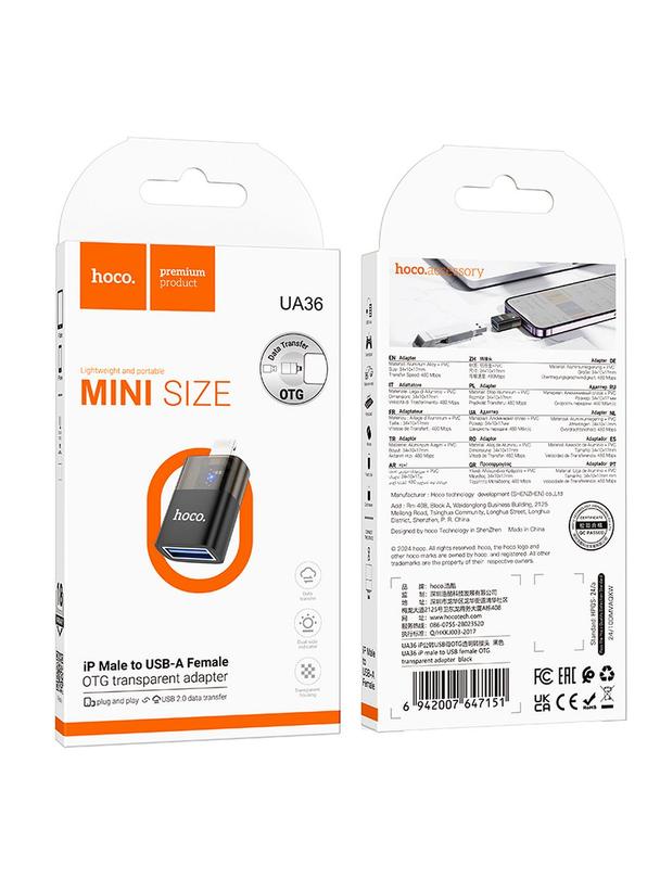Adapter OTG Lightning do USB A Hoco UA36 czarny transparentny
