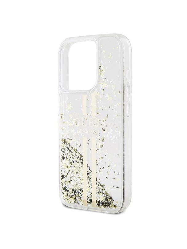 GUESS futerał do IPHONE 15 Pro GUHCP15LLFCSEGT (Liquid Glitter Gold Stripes) transparentny