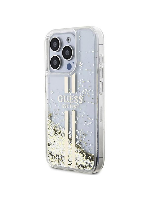 GUESS futerał do IPHONE 15 Pro Max GUHCP15XLFCSEGT (Liquid Glitter Gold Stripes) transparentny