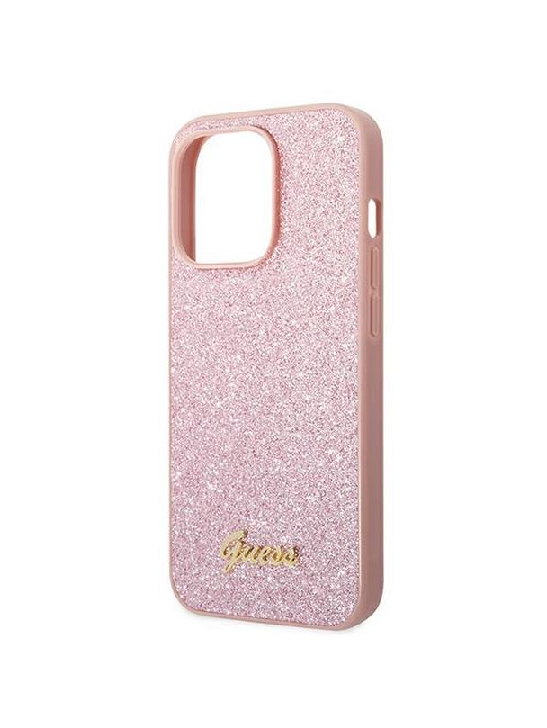 GUESS futerał do IPHONE 14 Pro GUHCP14LHGGSHP (Glitter Flakes Script Metal Logo) różowy