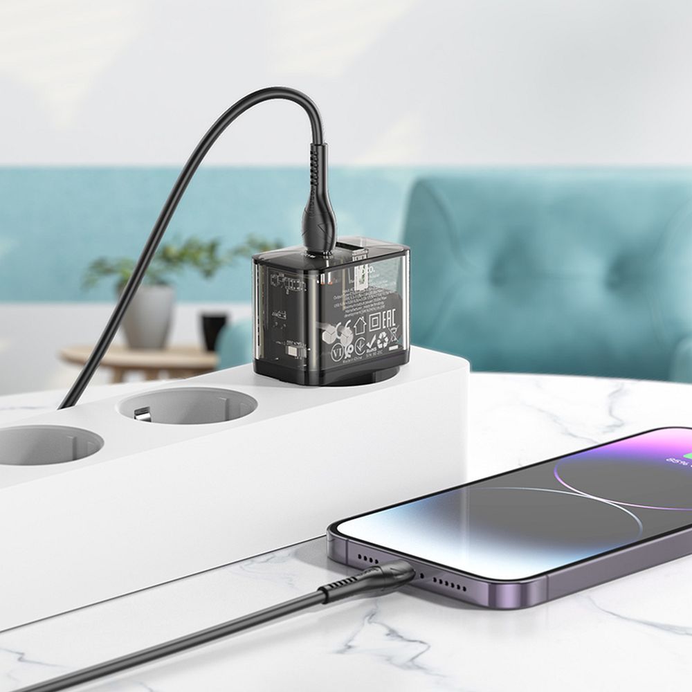 Phone charger Hoco USB A + USB C QC3.0 PD 3A 20W N34 transparent