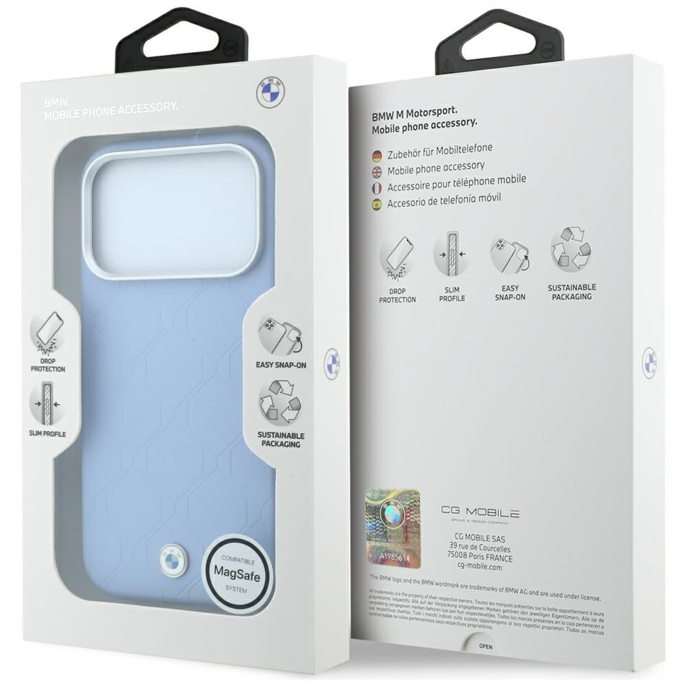 BMW case for IPHONE 18 Pro/17 Pro compatible with MagSafe (Sign Deboss Quilted W/ Metal Logo) blue