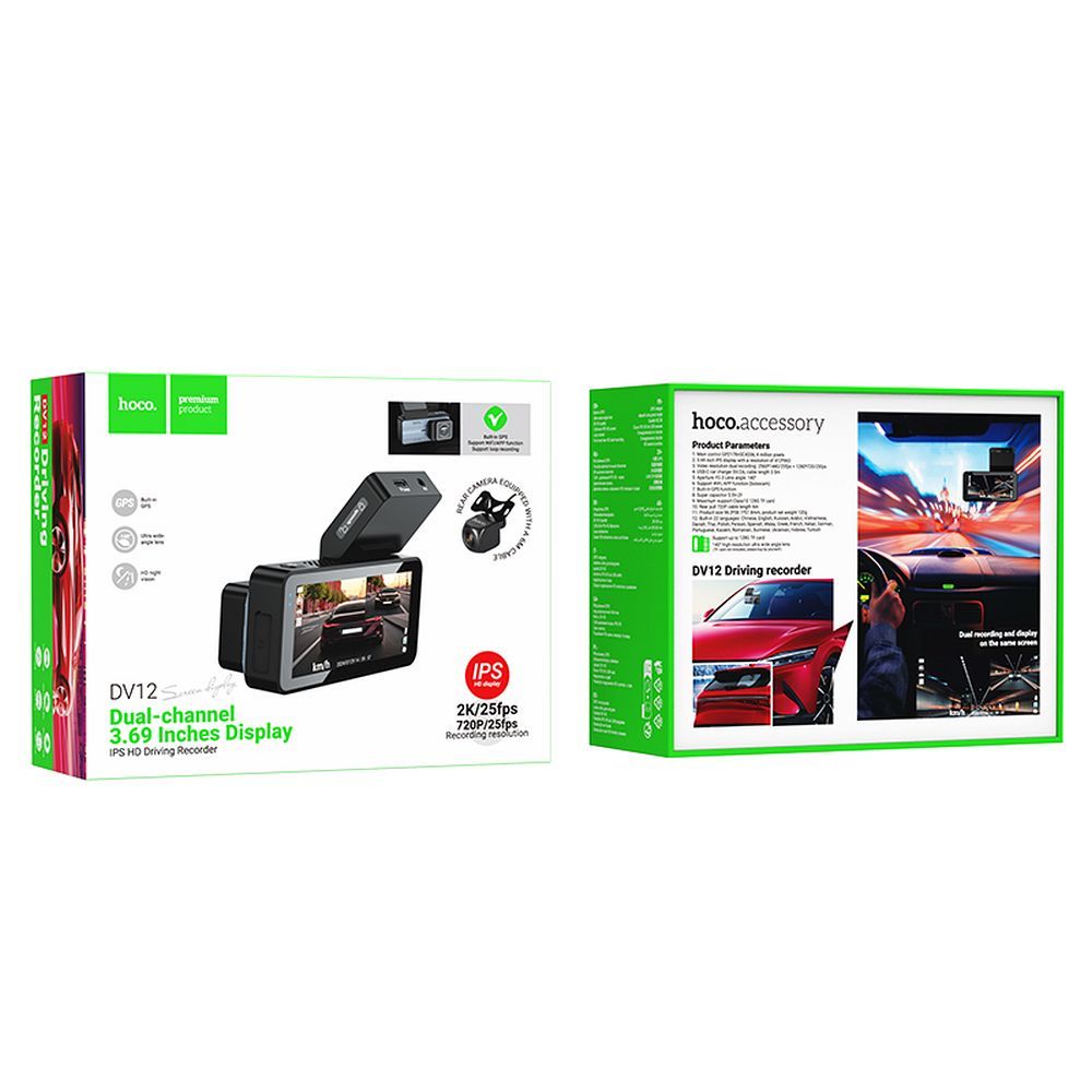Dash cam for car Hoco with screen 3,69" 2K + rear camera 720P/25fps GPS DV12 silvery gray