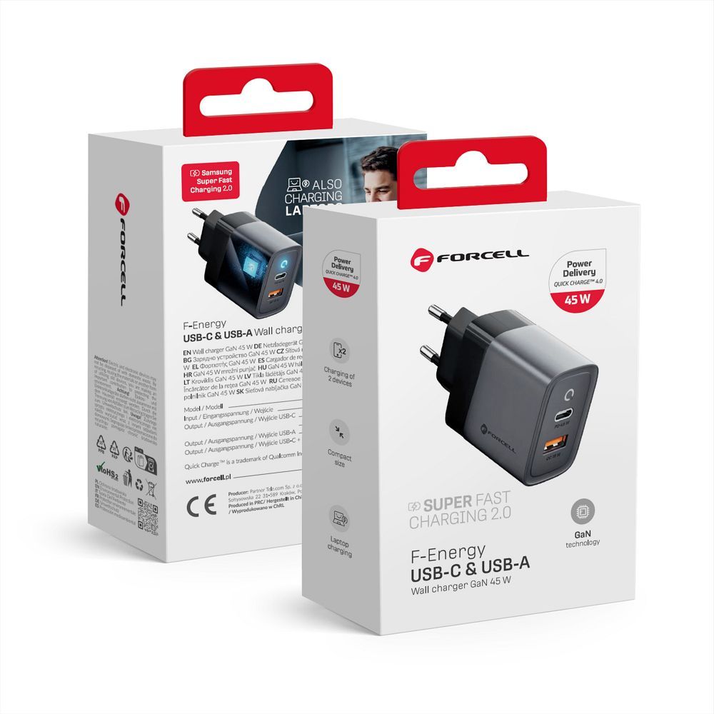Forcell F-Energy GaN USB-C + USB-A QC4.0 PD 4A 45W VT-39 szürke telefon-töltő