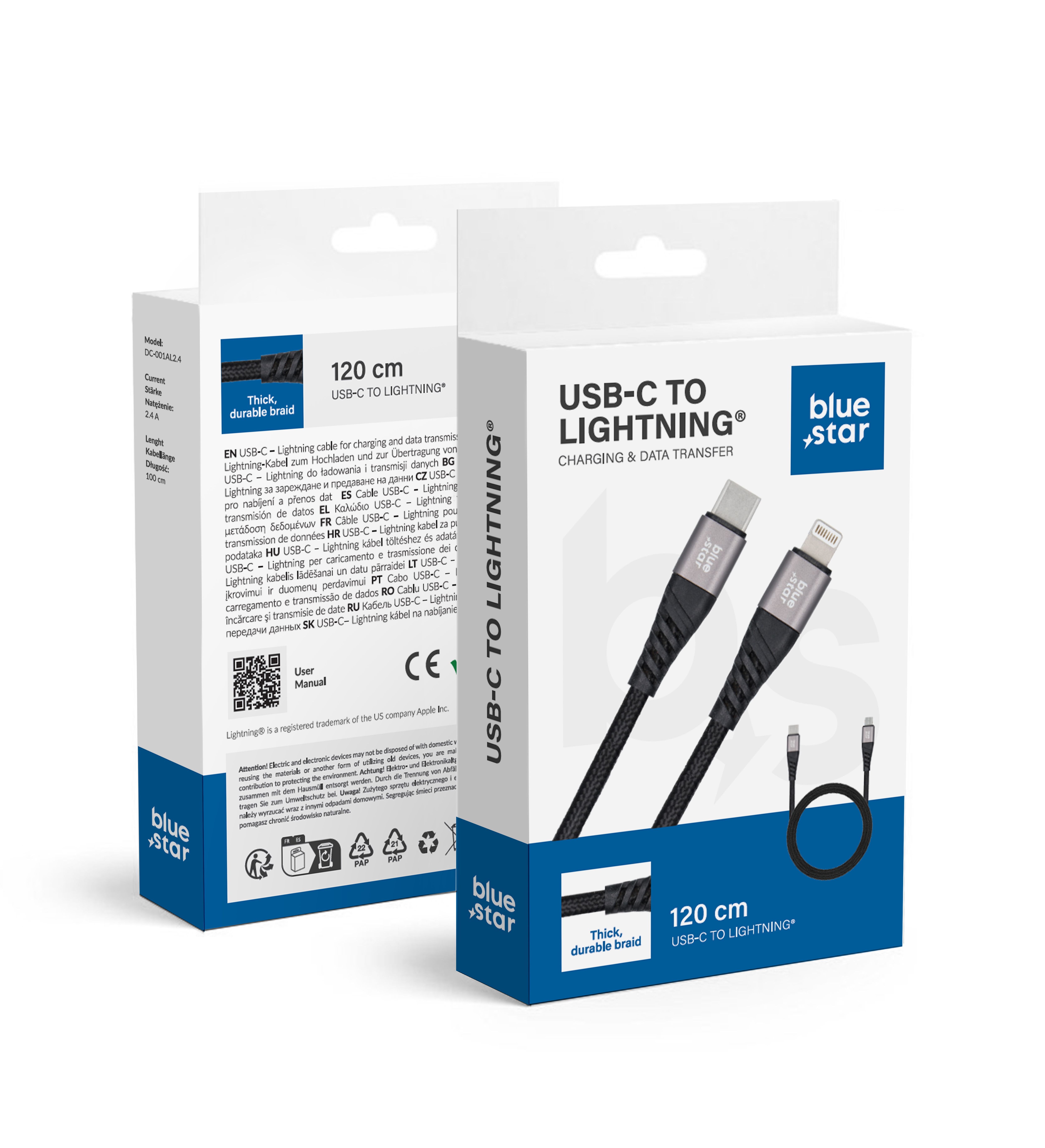 Kábel USB C - Lightning Blue Star 2.4A fonott 1.2 m TFK-DC-003 fekete