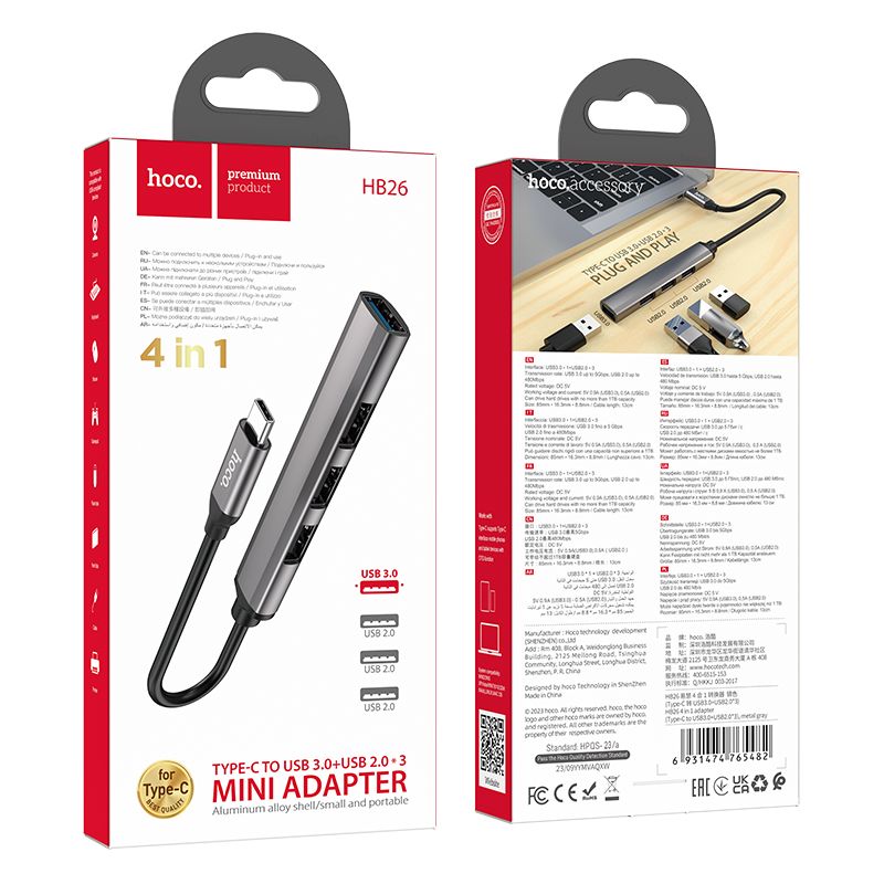 Adapter HUB 4w1 (USB 3.0+USB 2.0 x 3) USB-A Hoco HB26 szary