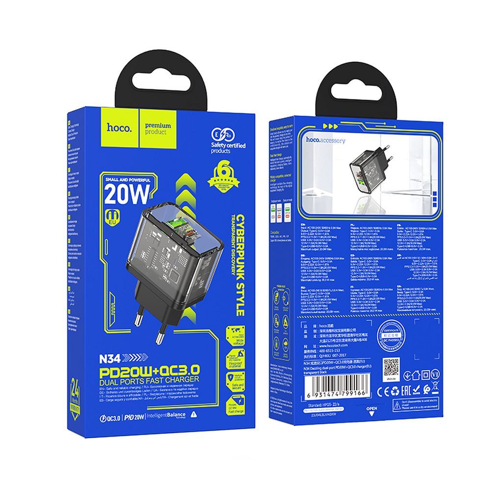 Hoco USB-A + USB-C QC3.0 PD 3A 20W N34 átlátszó telefon-töltő